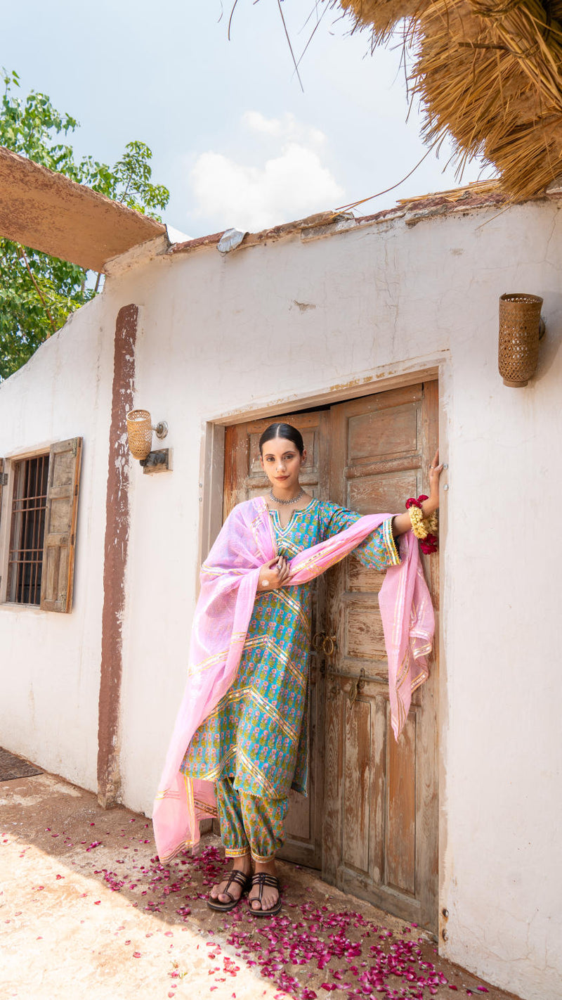 Saundh Sea Green and Pinm hand block printed cotton Salwar set cotton Buy Saundh Sea Green and Pinm hand block printed cotton Salwar set from C&W | Kurta/Kurta Sets for Women by Maison Shefali in multi color for women in Singapore