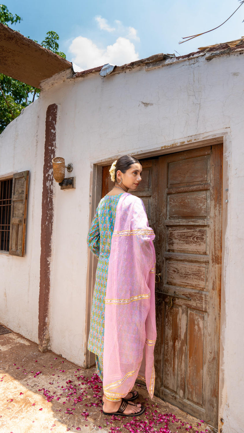 Saundh Sea Green and Pinm hand block printed cotton Salwar set cotton Buy Saundh Sea Green and Pinm hand block printed cotton Salwar set from C&W | Kurta/Kurta Sets for Women by Maison Shefali in multi color for women in Singapore