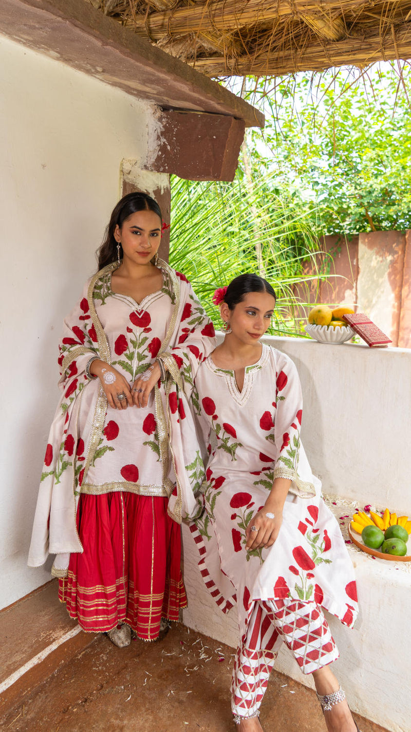Saundh Red and White hand block printed mughal boota salwar set cotton Buy Saundh Red and White hand block printed mughal boota salwar set from C&W | Kurta/Kurta Sets for Women by Maison Shefali in multi color for women in Singapore
