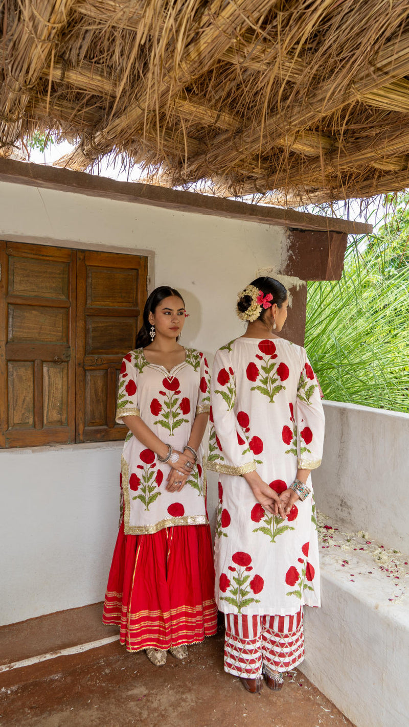 Saundh Red and White hand block printed mughal boota salwar set cotton Buy Saundh Red and White hand block printed mughal boota salwar set from C&W | Kurta/Kurta Sets for Women by Maison Shefali in multi color for women in Singapore