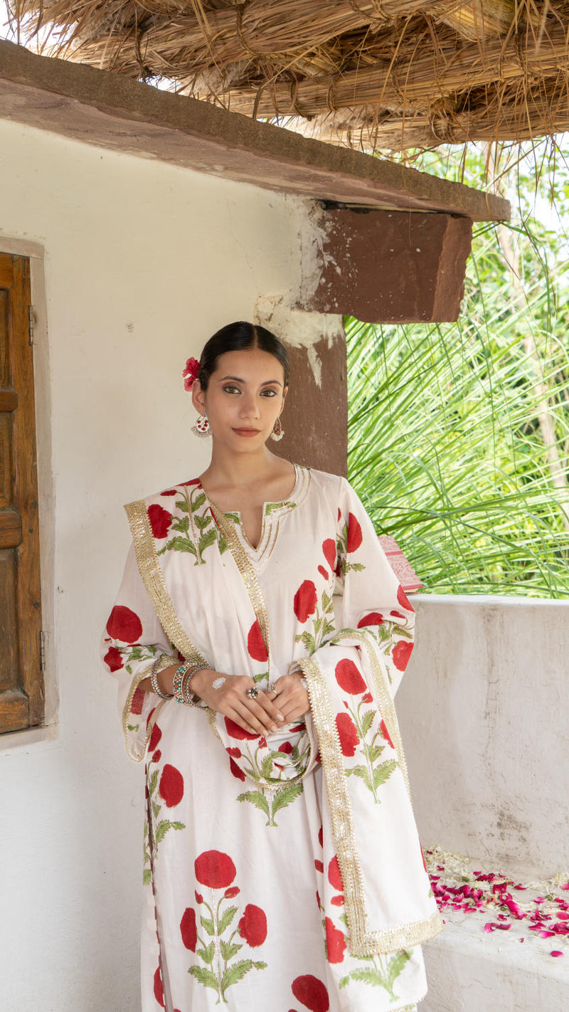 Saundh Red and White hand block printed mughal boota salwar set cotton Buy Saundh Red and White hand block printed mughal boota salwar set from C&W | Kurta/Kurta Sets for Women by Maison Shefali in multi color for women in Singapore