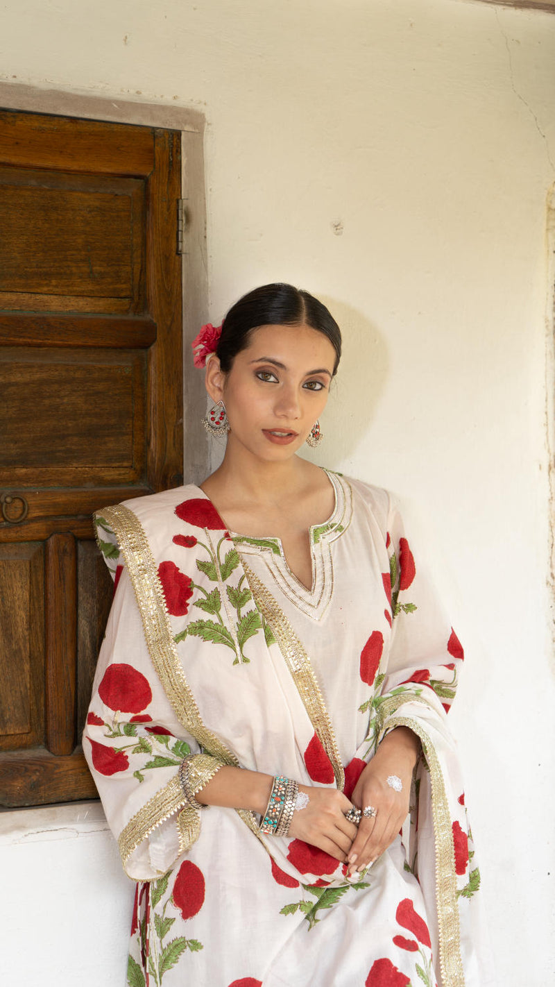 Saundh Red and White hand block printed mughal boota salwar set cotton Buy Saundh Red and White hand block printed mughal boota salwar set from C&W | Kurta/Kurta Sets for Women by Maison Shefali in multi color for women in Singapore