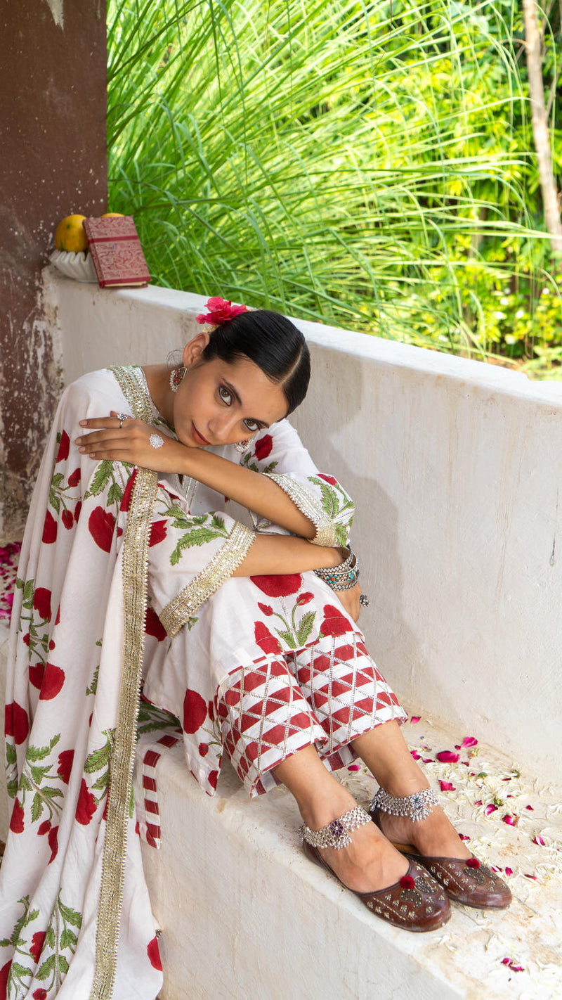 Saundh Red and White hand block printed mughal boota salwar set cotton Buy Saundh Red and White hand block printed mughal boota salwar set from C&W | Kurta/Kurta Sets for Women by Maison Shefali in multi color for women in Singapore