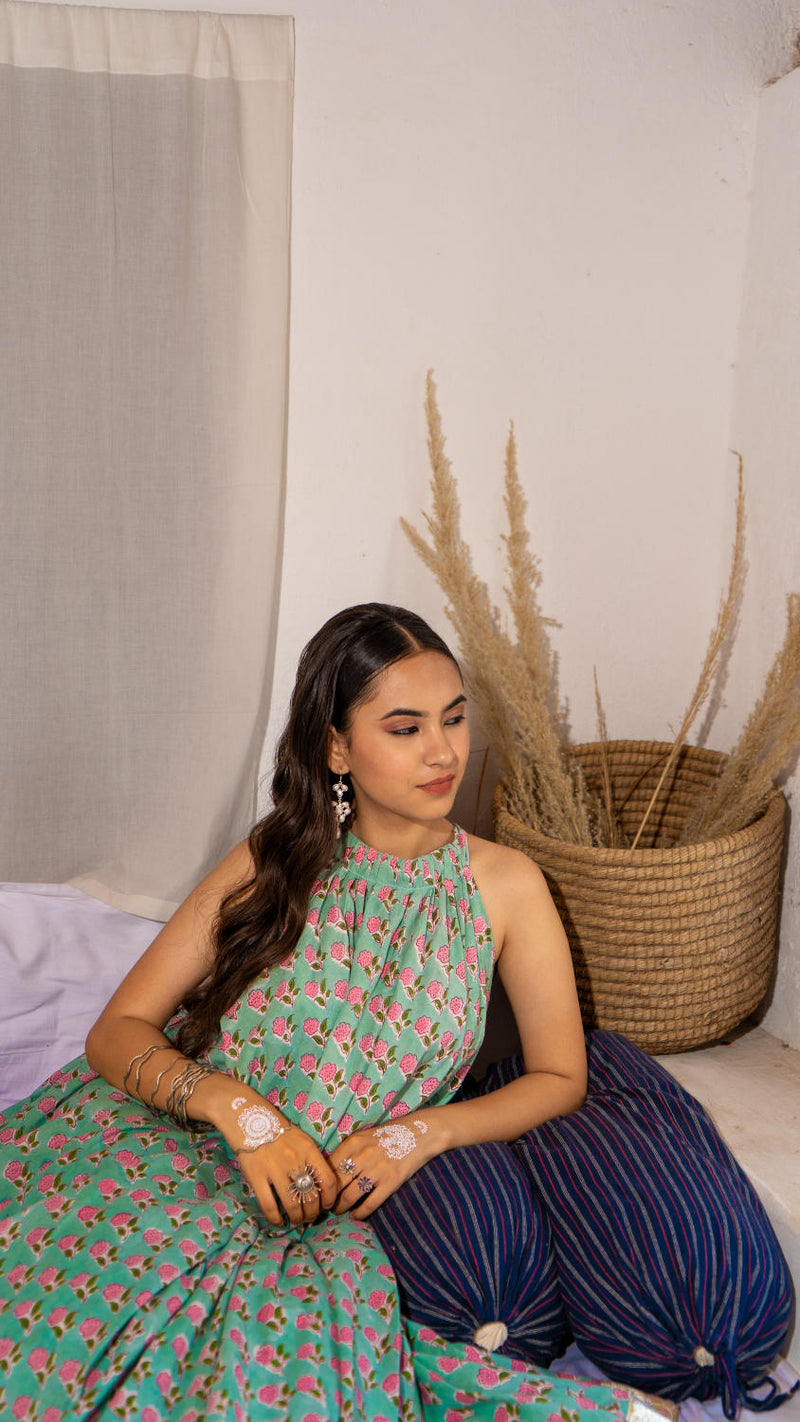 Saundh Pink and Blue Cotton hand block printed floral ghera dress cotton Buy Saundh Pink and Blue Cotton hand block printed floral ghera dress from C&W | Indo-Western for Women by Maison Shefali in multi color for women in Singapore