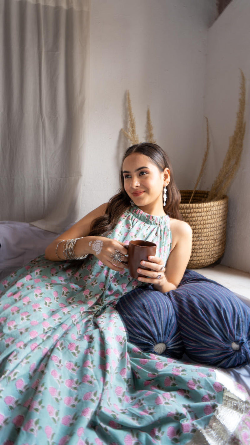 Saundh Pink and Blue Cotton hand block printed floral ghera dress cotton Buy Saundh Pink and Blue Cotton hand block printed floral ghera dress from C&W | Indo-Western for Women by Maison Shefali in multi color for women in Singapore