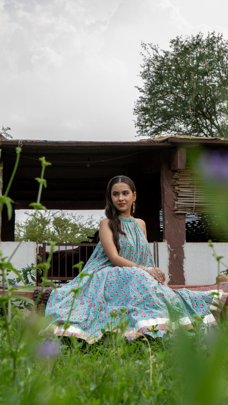 Saundh Pink and Blue Cotton hand block printed floral ghera dress cotton Buy Saundh Pink and Blue Cotton hand block printed floral ghera dress from C&W | Indo-Western for Women by Maison Shefali in multi color for women in Singapore