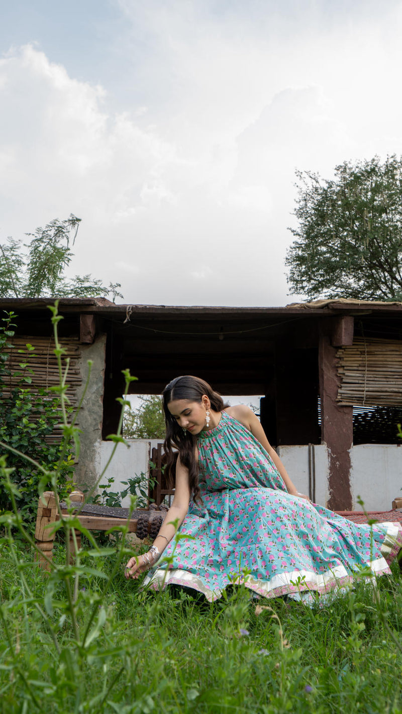 Saundh Pink and Blue Cotton hand block printed floral ghera dress cotton Buy Saundh Pink and Blue Cotton hand block printed floral ghera dress from C&W | Indo-Western for Women by Maison Shefali in multi color for women in Singapore