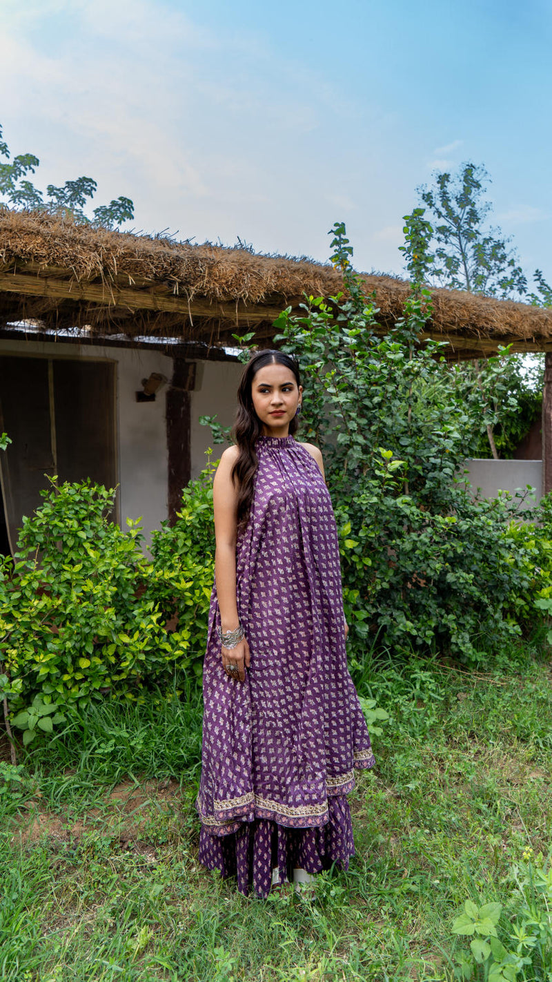 Saundh Purple and Peach Cotton block printed floral ghera dress cotton Buy Saundh Purple and Peach Cotton block printed floral ghera dress from C&W | Indo-Western for Women by Maison Shefali in multi color for women in Singapore