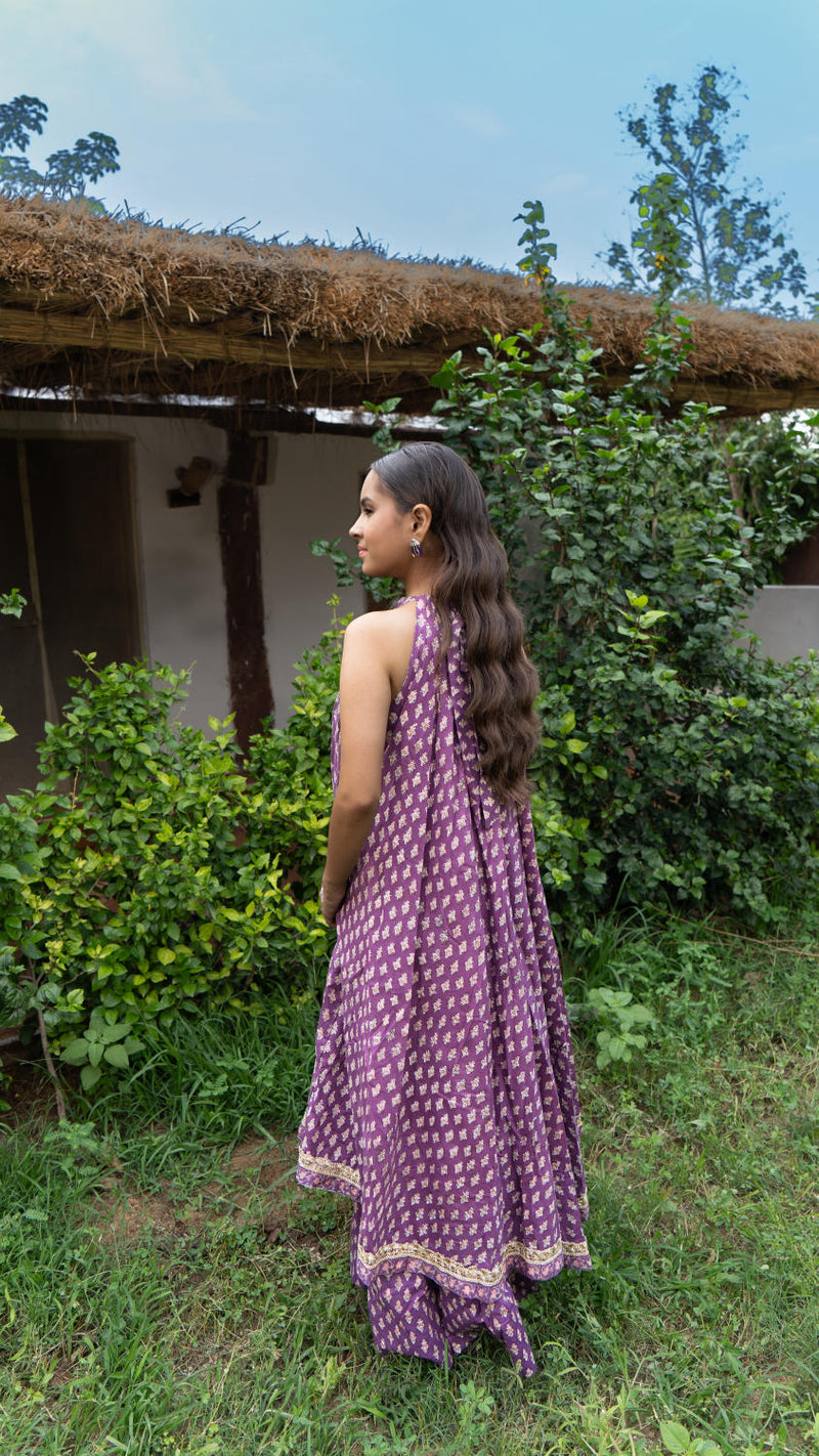 Saundh Purple and Peach Cotton block printed floral ghera dress cotton Buy Saundh Purple and Peach Cotton block printed floral ghera dress from C&W | Indo-Western for Women by Maison Shefali in multi color for women in Singapore