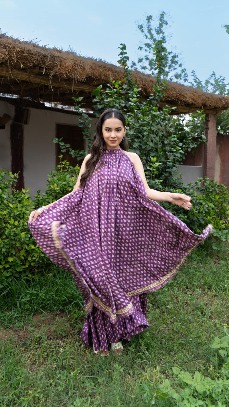 Saundh Purple and Peach Cotton block printed floral ghera dress cotton Buy Saundh Purple and Peach Cotton block printed floral ghera dress from C&W | Indo-Western for Women by Maison Shefali in multi color for women in Singapore
