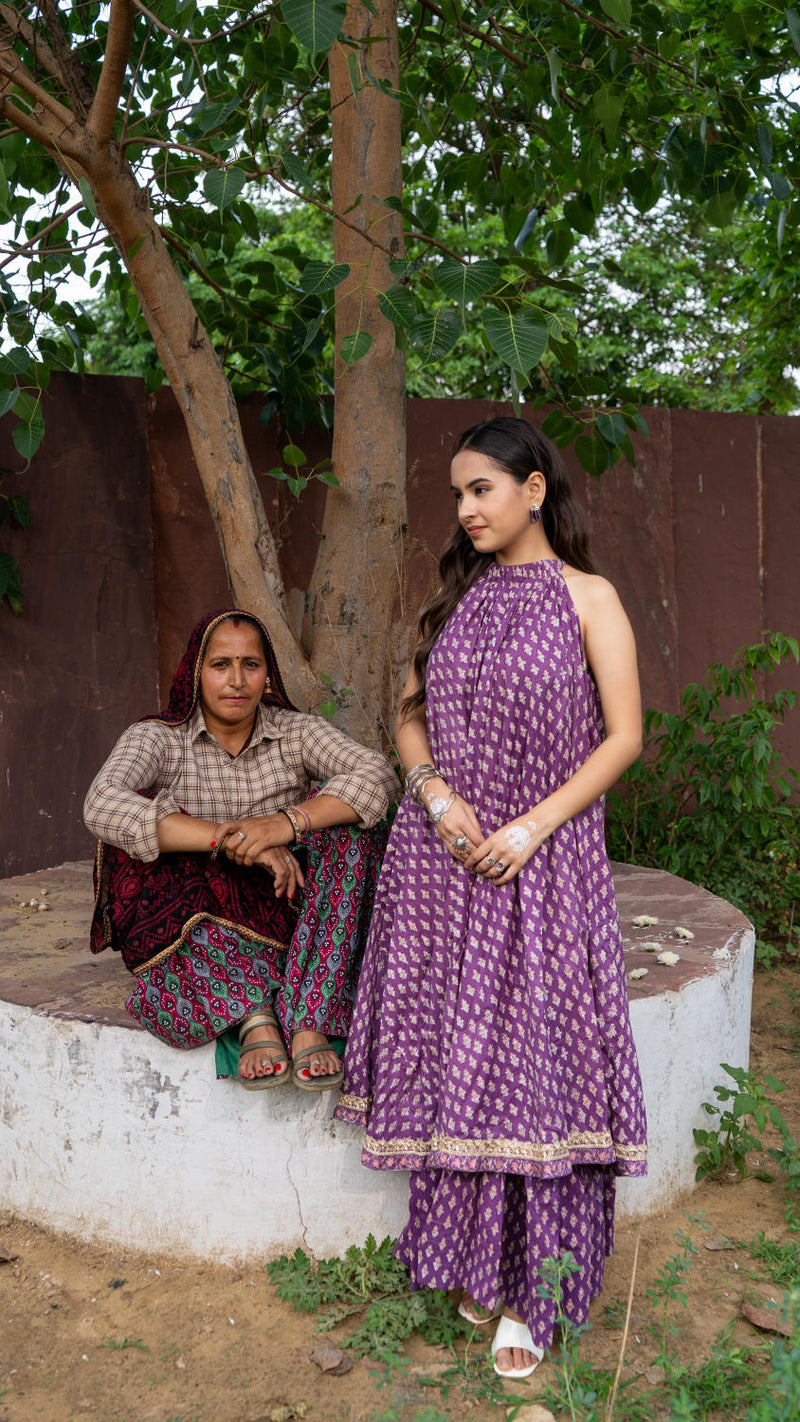 Saundh Purple and Peach Cotton block printed floral ghera dress cotton Buy Saundh Purple and Peach Cotton block printed floral ghera dress from C&W | Indo-Western for Women by Maison Shefali in multi color for women in Singapore