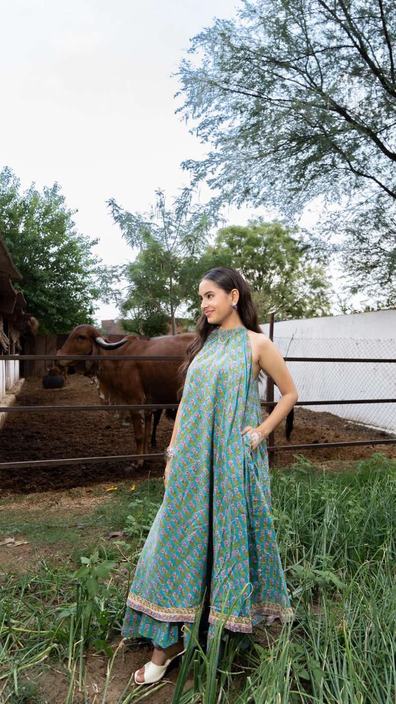 Saundh Sea Green and Pink Cotton hand block printed floral ghera dress cotton Buy Saundh Sea Green and Pink Cotton hand block printed floral ghera dress from C&W | Indo-Western for Women by Maison Shefali in multi color for women in Singapore
