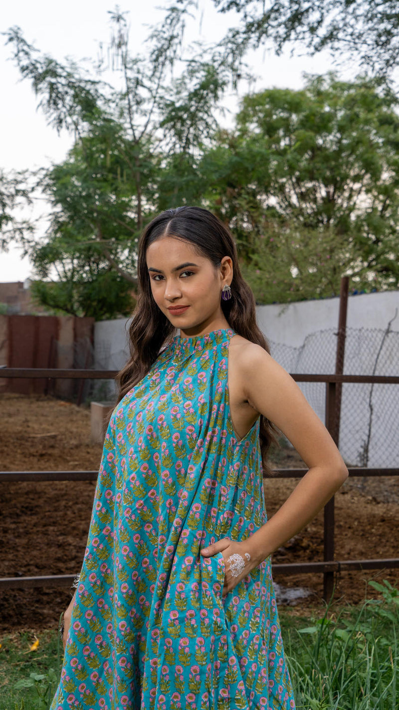 Saundh Sea Green and Pink Cotton hand block printed floral ghera dress cotton Buy Saundh Sea Green and Pink Cotton hand block printed floral ghera dress from C&W | Indo-Western for Women by Maison Shefali in multi color for women in Singapore