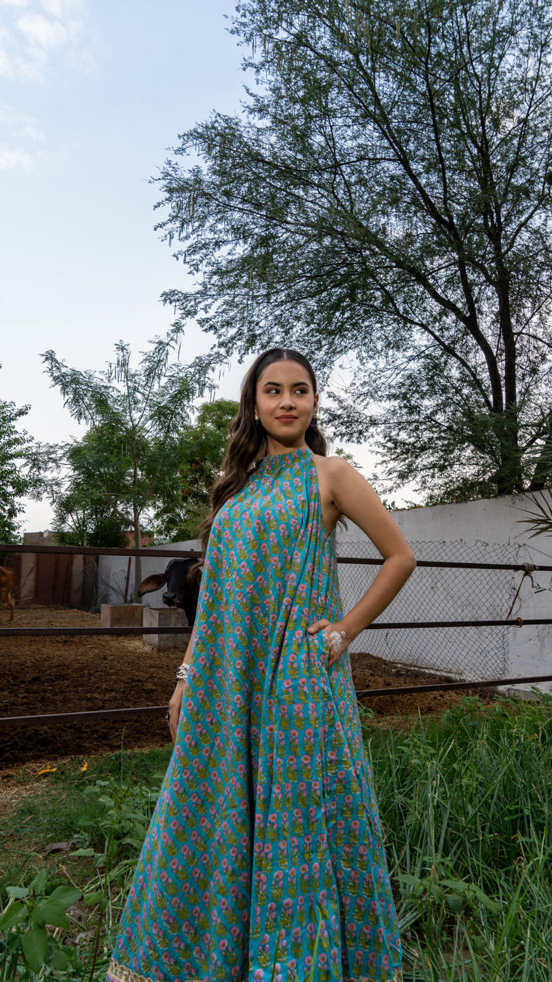 Saundh Sea Green and Pink Cotton hand block printed floral ghera dress cotton Buy Saundh Sea Green and Pink Cotton hand block printed floral ghera dress from C&W | Indo-Western for Women by Maison Shefali in multi color for women in Singapore