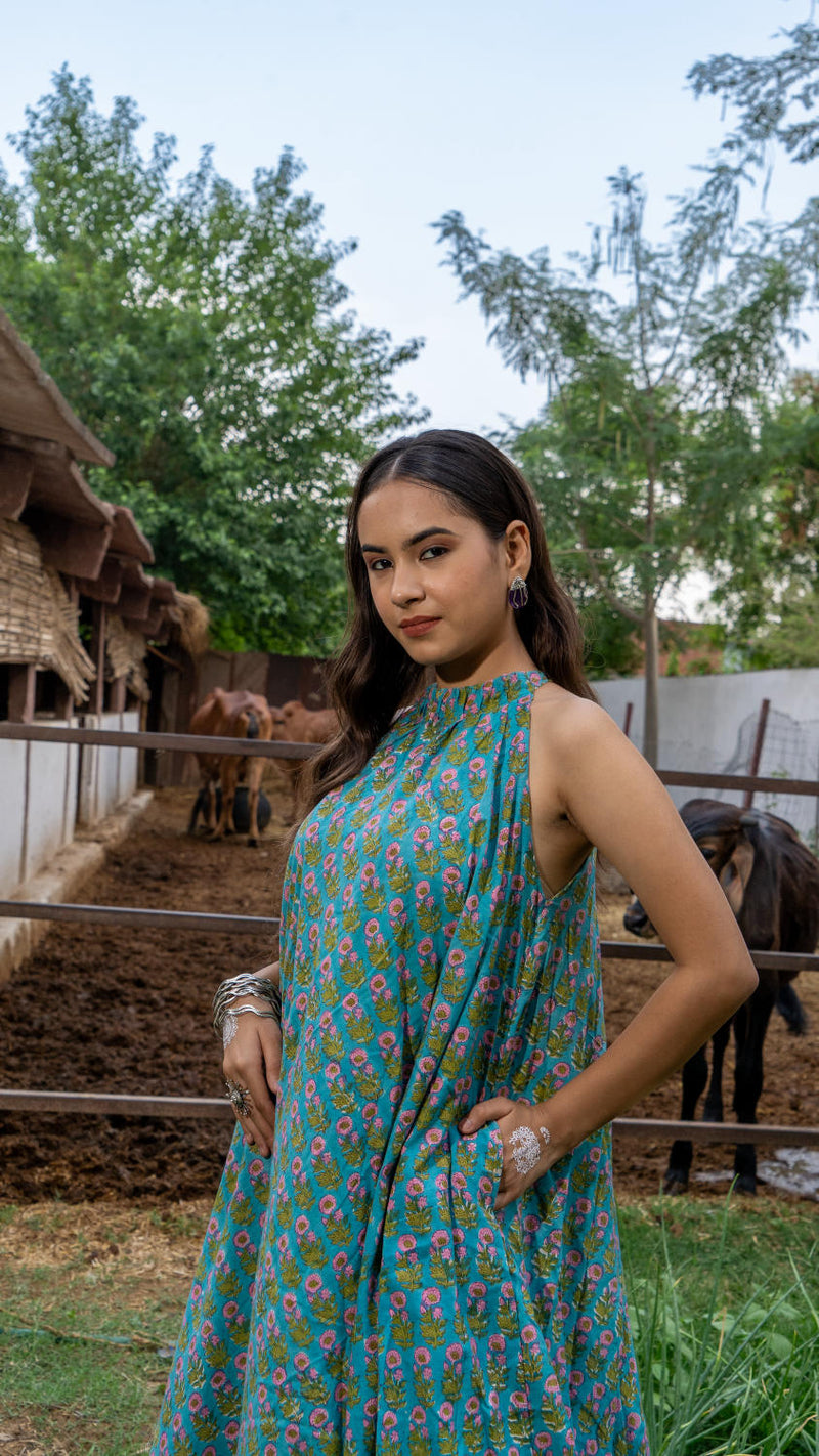 Saundh Sea Green and Pink Cotton hand block printed floral ghera dress cotton Buy Saundh Sea Green and Pink Cotton hand block printed floral ghera dress from C&W | Indo-Western for Women by Maison Shefali in multi color for women in Singapore
