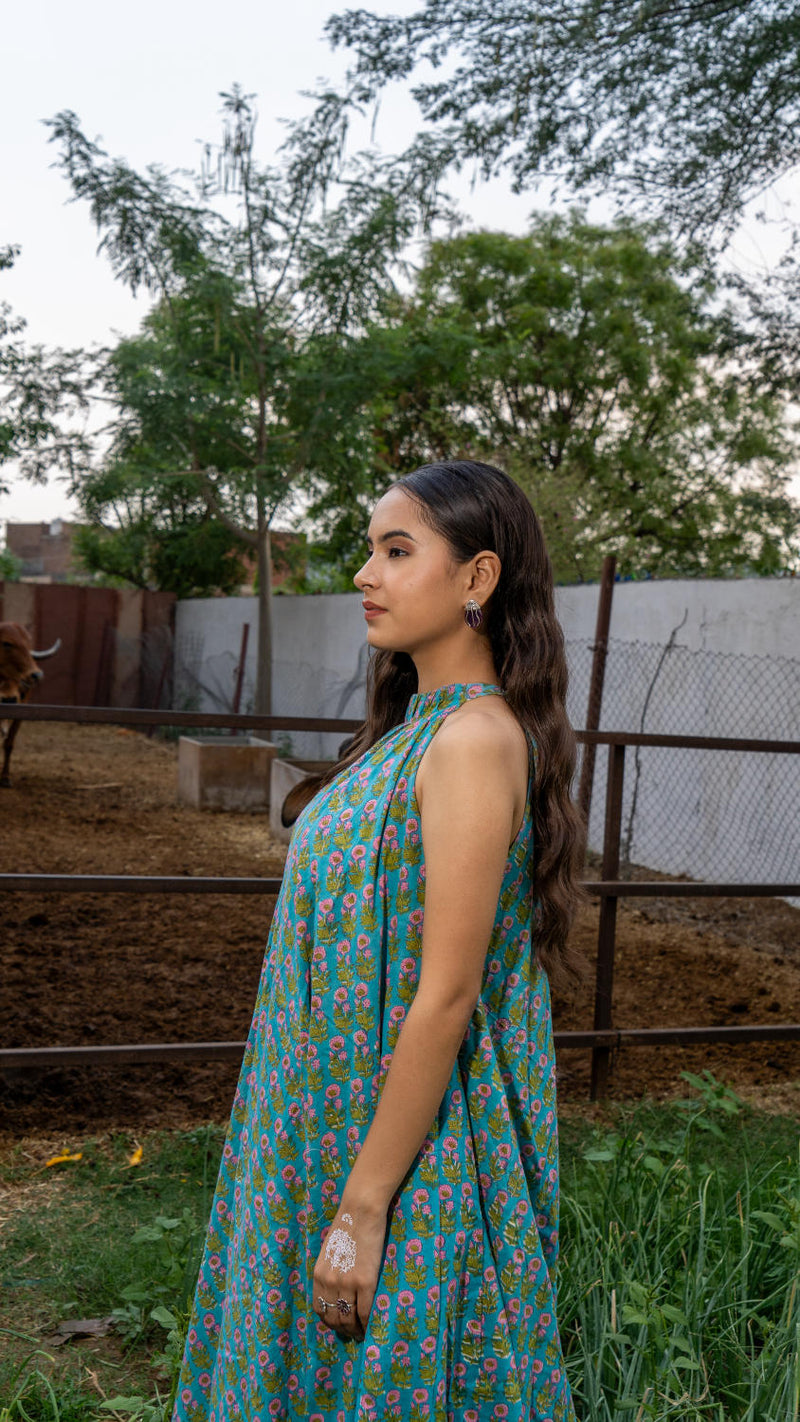 Saundh Sea Green and Pink Cotton hand block printed floral ghera dress cotton Buy Saundh Sea Green and Pink Cotton hand block printed floral ghera dress from C&W | Indo-Western for Women by Maison Shefali in multi color for women in Singapore