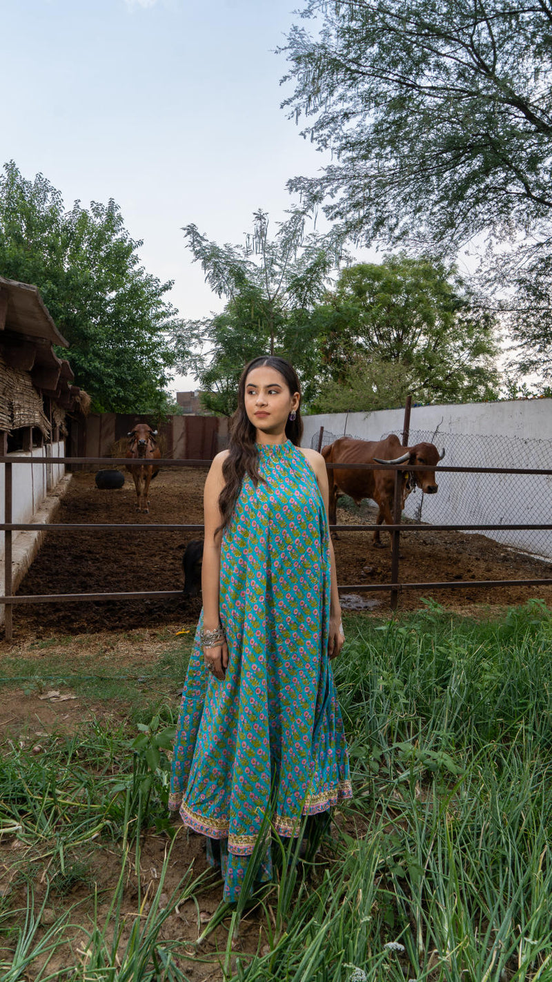 Saundh Sea Green and Pink Cotton hand block printed floral ghera dress cotton Buy Saundh Sea Green and Pink Cotton hand block printed floral ghera dress from C&W | Indo-Western for Women by Maison Shefali in multi color for women in Singapore