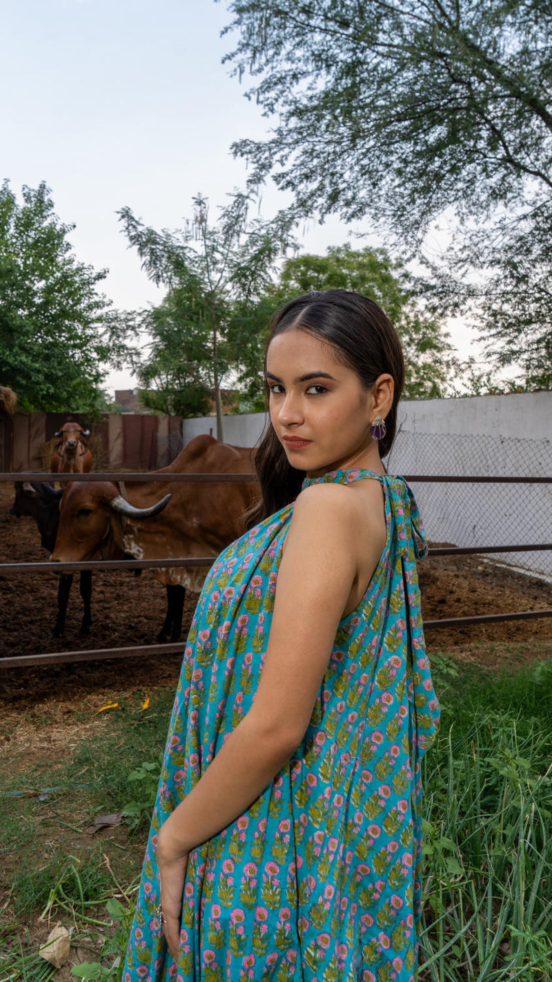 Saundh Sea Green and Pink Cotton hand block printed floral ghera dress cotton Buy Saundh Sea Green and Pink Cotton hand block printed floral ghera dress from C&W | Indo-Western for Women by Maison Shefali in multi color for women in Singapore