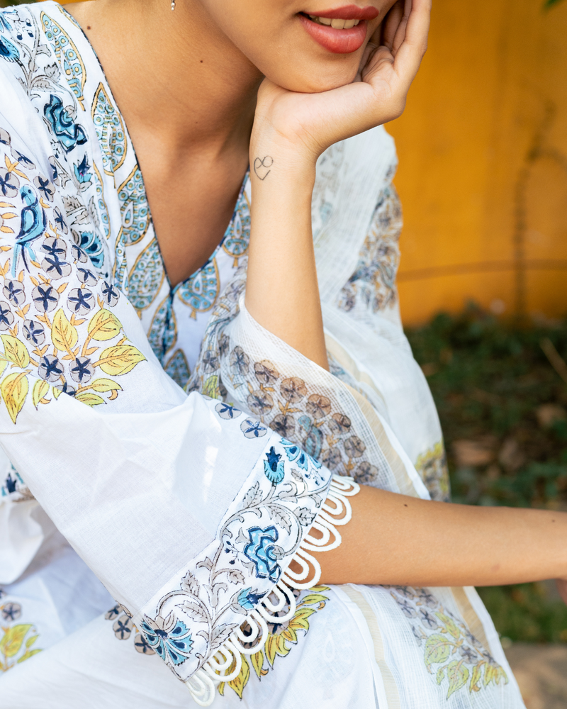 Ivory and Blue Hand Block Printed Kurta Set (MSSS24BGKS) mul Buy Ivory and Blue Hand Block Printed Kurta Set from C&W | Kurta/Kurta Sets for Women by Maison Shefali in multi color for women in Singapore