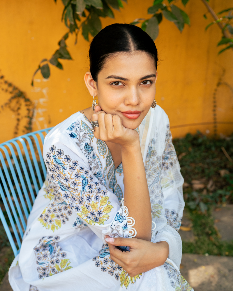 Ivory and Blue Hand Block Printed Kurta Set (MSSS24BGKS) mul Buy Ivory and Blue Hand Block Printed Kurta Set from C&W | Kurta/Kurta Sets for Women by Maison Shefali in multi color for women in Singapore