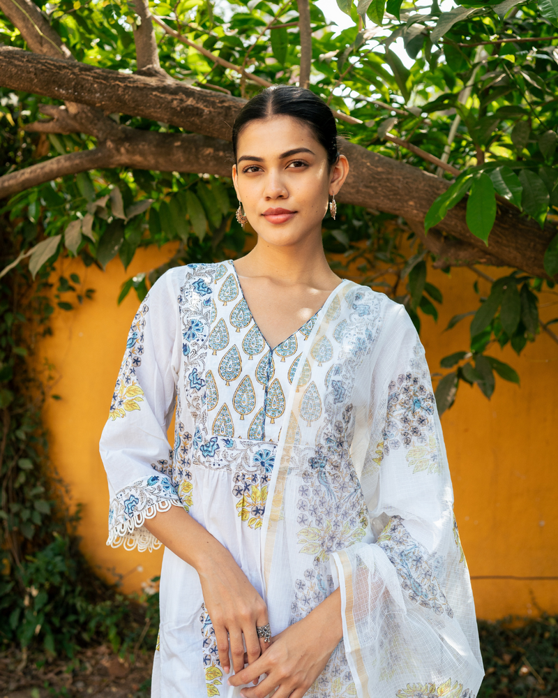 Ivory and Blue Hand Block Printed Kurta Set (MSSS24BGKS) mul Buy Ivory and Blue Hand Block Printed Kurta Set from C&W | Kurta/Kurta Sets for Women by Maison Shefali in multi color for women in Singapore