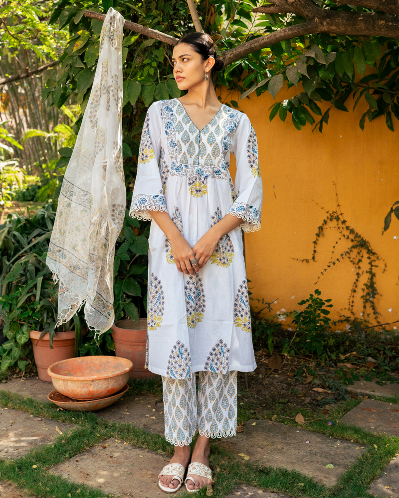 Ivory and Blue Hand Block Printed Kurta Set (MSSS24BGKS) mul Buy Ivory and Blue Hand Block Printed Kurta Set from C&W | Kurta/Kurta Sets for Women by Maison Shefali in multi color for women in Singapore