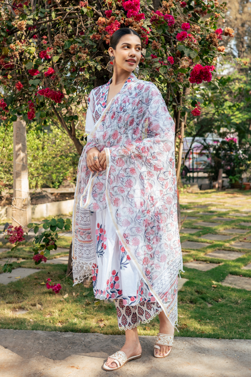 Ivory and Pink Hand Block Printed Suit Set mul Buy Ivory and Pink Hand Block Printed Suit Set from C&W | Kurta/Kurta Sets for Women by Maison Shefali in multi color for women in Singapore