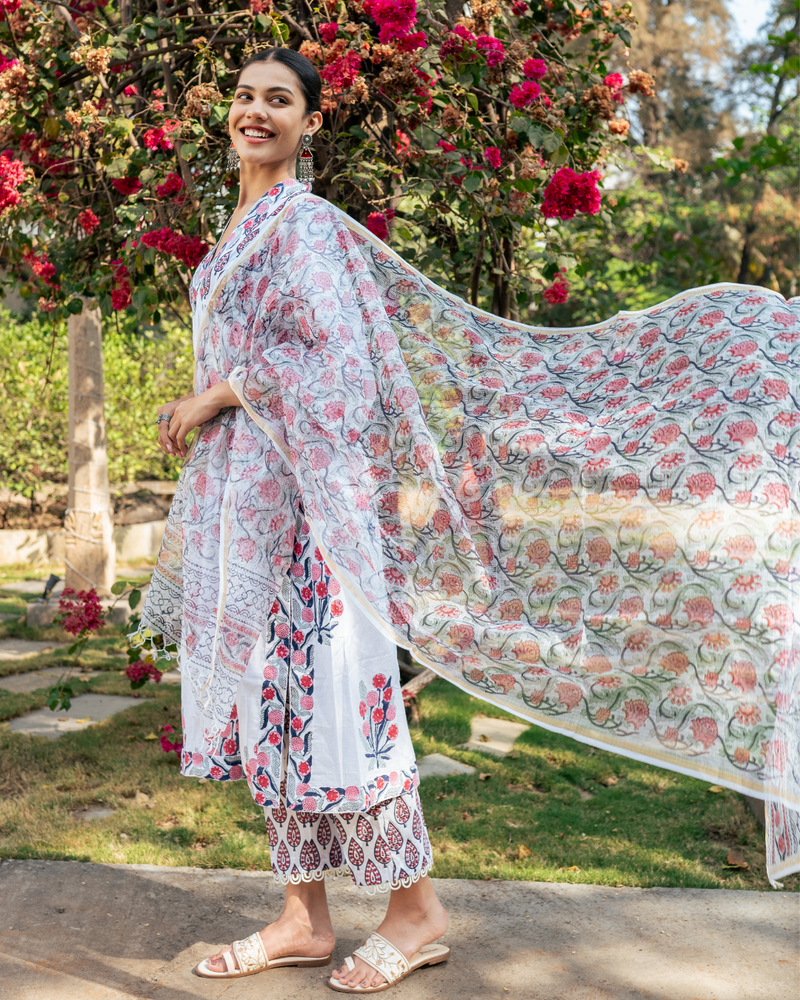 Ivory and Pink Hand Block Printed Suit Set mul Buy Ivory and Pink Hand Block Printed Suit Set from C&W | Kurta/Kurta Sets for Women by Maison Shefali in multi color for women in Singapore
