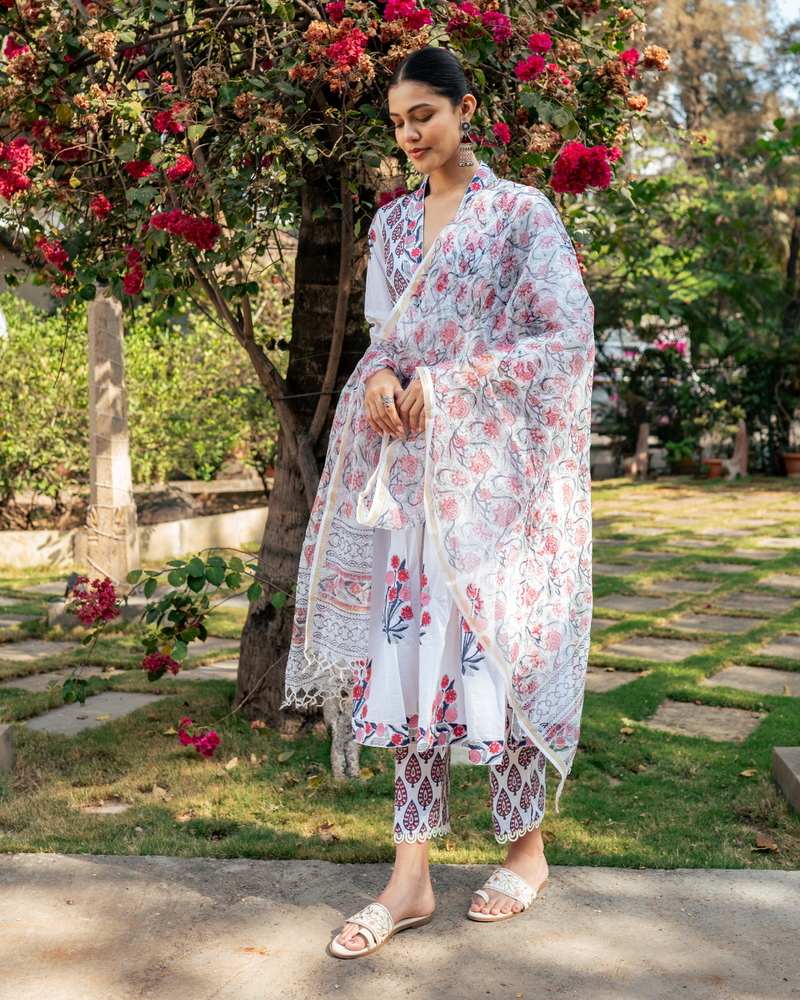 Ivory and Pink Hand Block Printed Suit Set mul Buy Ivory and Pink Hand Block Printed Suit Set from C&W | Kurta/Kurta Sets for Women by Maison Shefali in multi color for women in Singapore