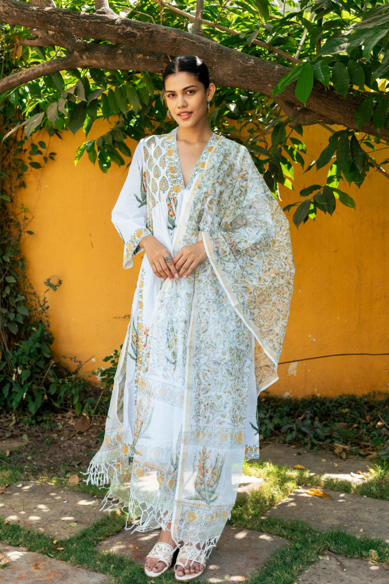 Ivory and Yellow Hand Block Printed Suit Set mul Buy Ivory and Yellow Hand Block Printed Suit Set from C&W | Kurta/Kurta Sets for Women by Maison Shefali in multi color for women in Singapore
