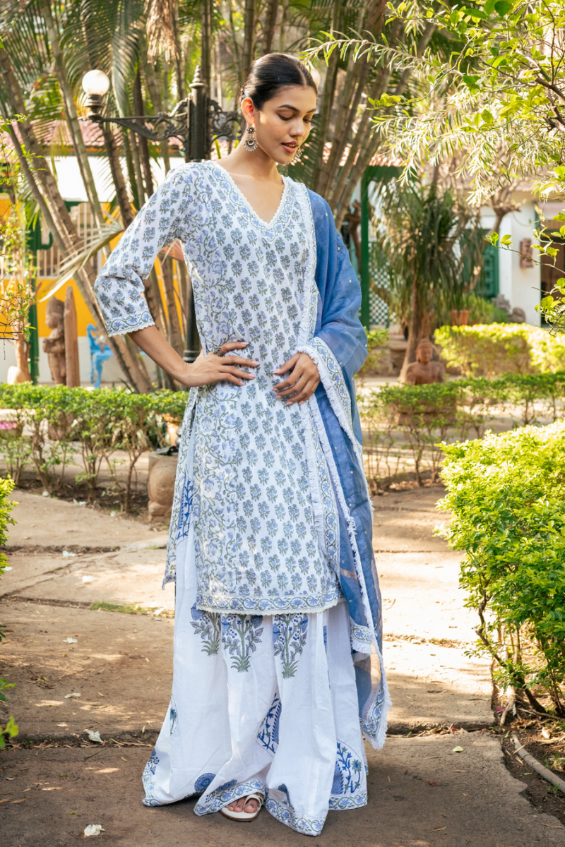 Ivory and Blue Hand Block Printed Skirt Set mul Buy Ivory and Blue Hand Block Printed Skirt Set from C&W | Kurta/Kurta Sets for Women by Maison Shefali in multi color for women in Singapore