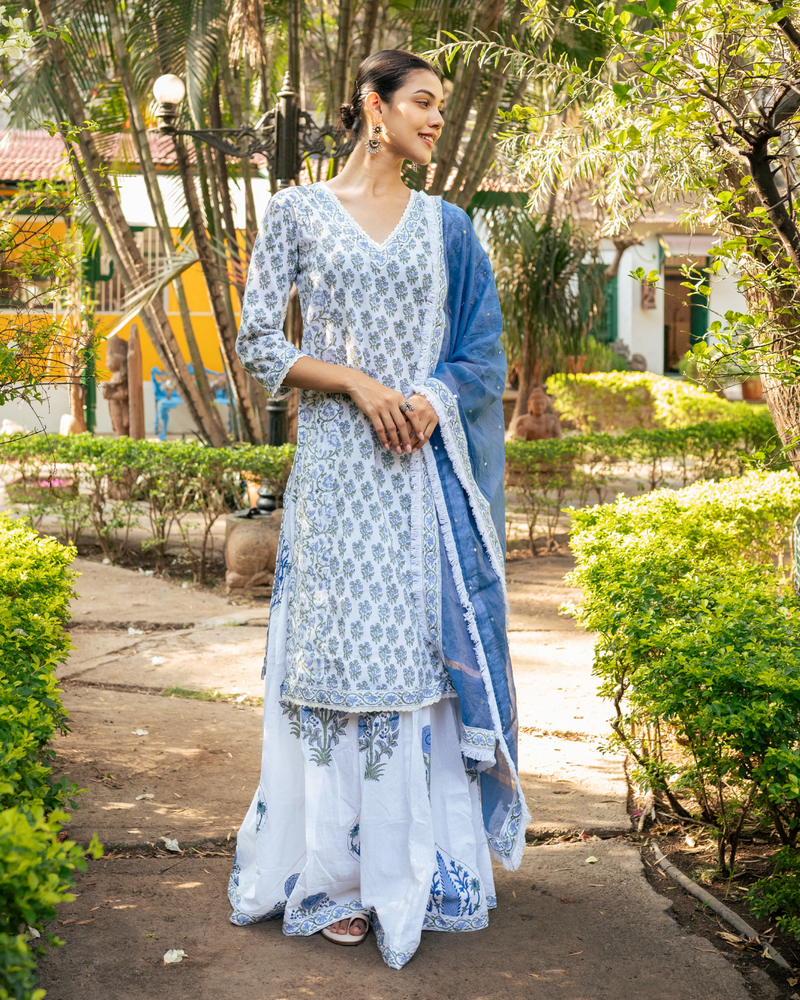 Ivory and Blue Hand Block Printed Skirt Set mul Buy Ivory and Blue Hand Block Printed Skirt Set from C&W | Kurta/Kurta Sets for Women by Maison Shefali in multi color for women in Singapore