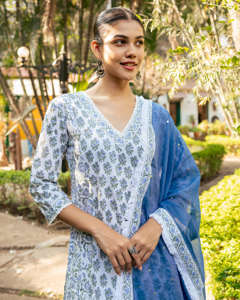 Ivory and Blue Hand Block Printed Skirt Set mul Buy Ivory and Blue Hand Block Printed Skirt Set from C&W | Kurta/Kurta Sets for Women by Maison Shefali in multi color for women in Singapore