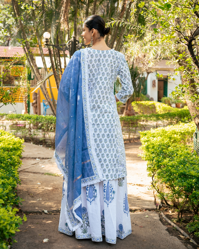 Ivory and Blue Hand Block Printed Skirt Set mul Buy Ivory and Blue Hand Block Printed Skirt Set from C&W | Kurta/Kurta Sets for Women by Maison Shefali in multi color for women in Singapore