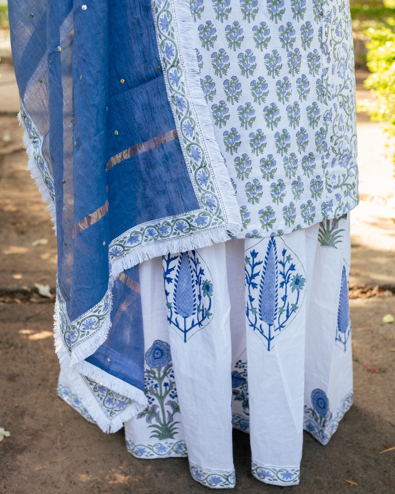 Ivory and Blue Hand Block Printed Skirt Set mul Buy Ivory and Blue Hand Block Printed Skirt Set from C&W | Kurta/Kurta Sets for Women by Maison Shefali in multi color for women in Singapore