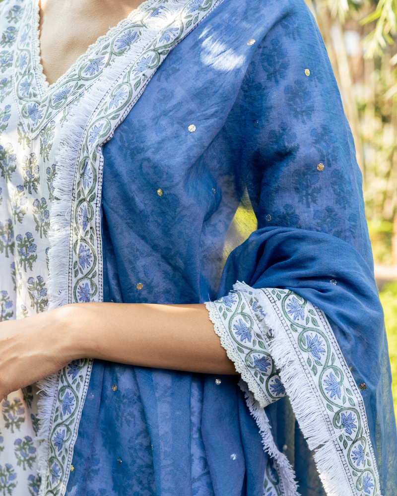 Ivory and Blue Hand Block Printed Skirt Set mul Buy Ivory and Blue Hand Block Printed Skirt Set from C&W | Kurta/Kurta Sets for Women by Maison Shefali in multi color for women in Singapore