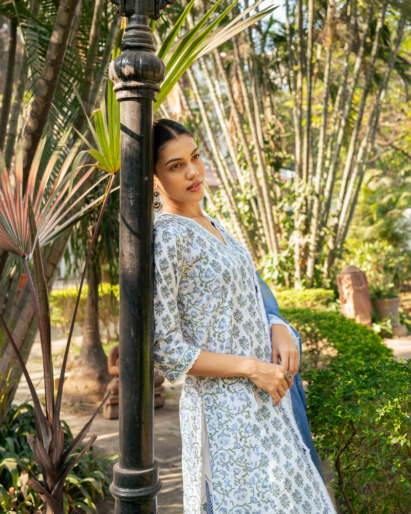 Ivory and Blue Hand Block Printed Skirt Set mul Buy Ivory and Blue Hand Block Printed Skirt Set from C&W | Kurta/Kurta Sets for Women by Maison Shefali in multi color for women in Singapore