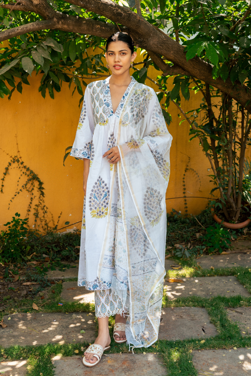 Ivory and Blue Hand Block Printed Kurta Set (MSSS24BWKS) mul Buy Ivory and Blue Hand Block Printed Kurta Set from C&W | Kurta/Kurta Sets for Women by Maison Shefali in multi color for women in Singapore
