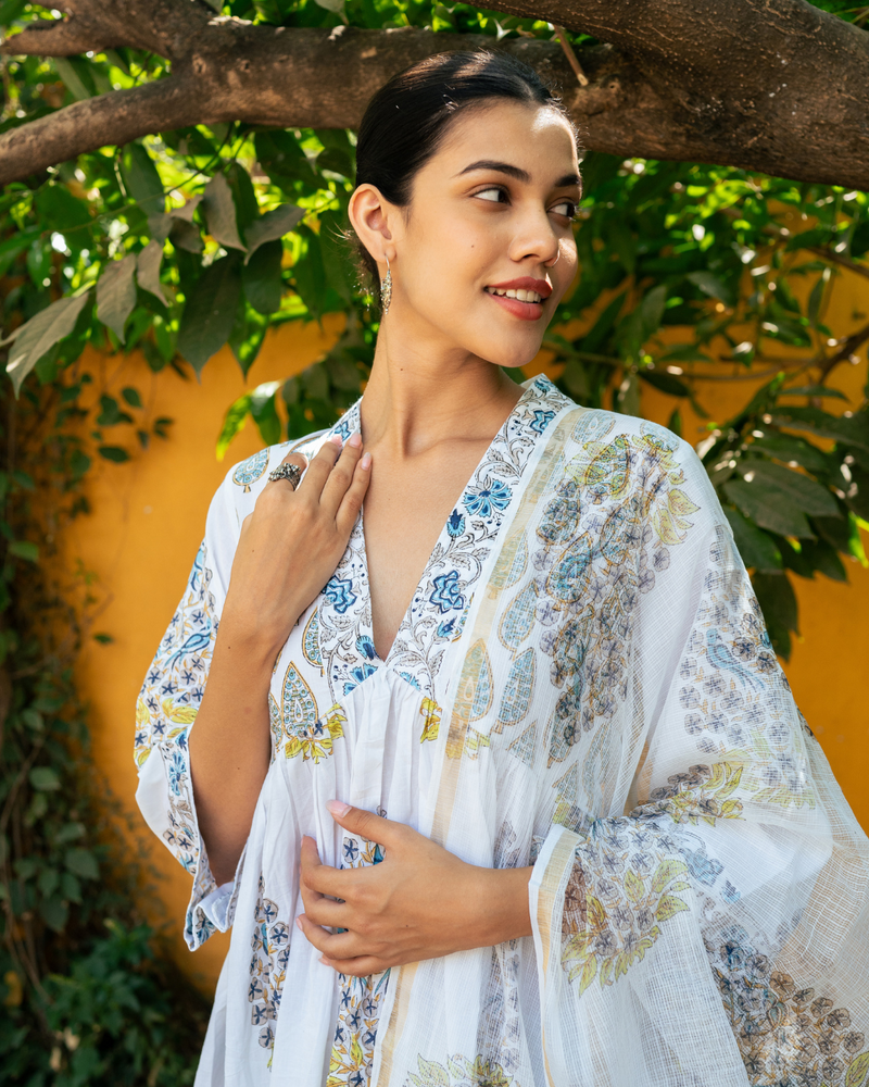 Ivory and Blue Hand Block Printed Kurta Set (MSSS24BWKS) mul Buy Ivory and Blue Hand Block Printed Kurta Set from C&W | Kurta/Kurta Sets for Women by Maison Shefali in multi color for women in Singapore