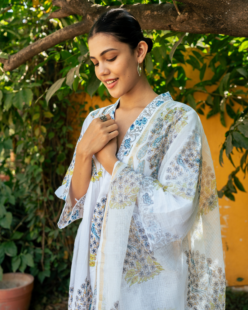 Ivory and Blue Hand Block Printed Kurta Set (MSSS24BWKS) mul Buy Ivory and Blue Hand Block Printed Kurta Set from C&W | Kurta/Kurta Sets for Women by Maison Shefali in multi color for women in Singapore