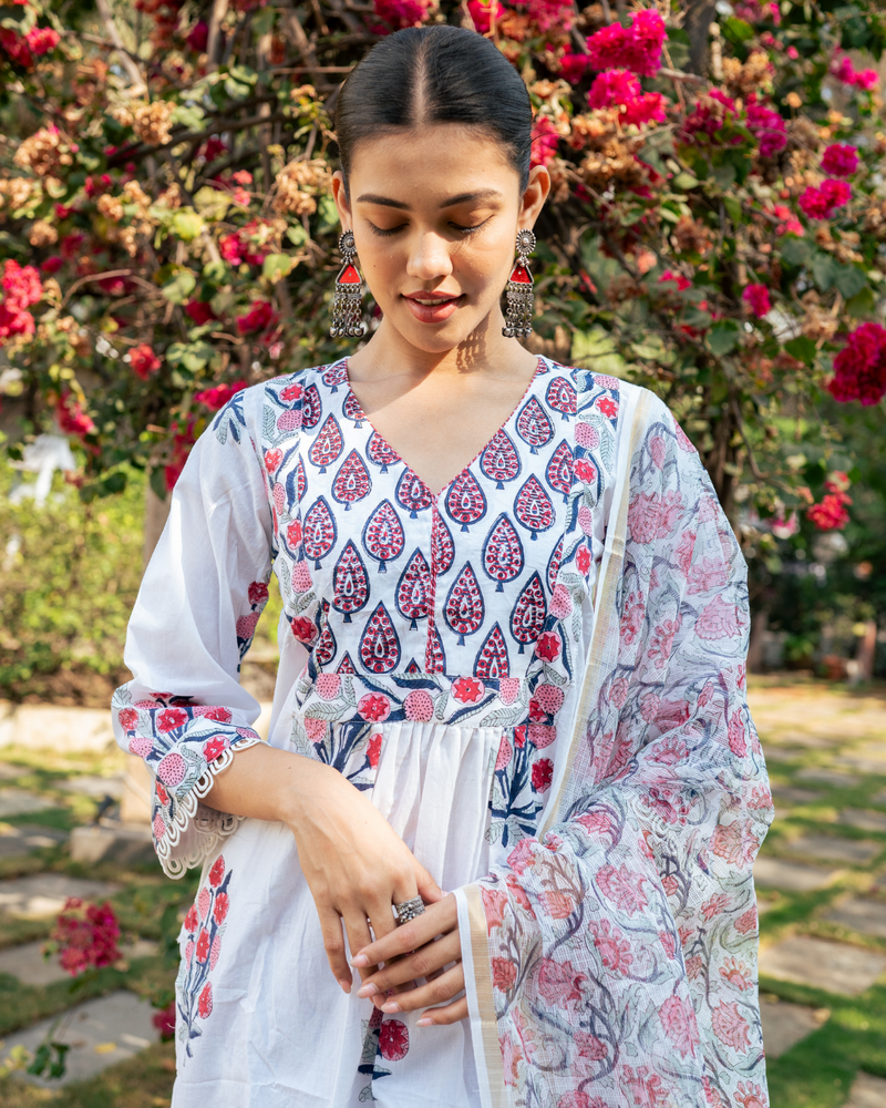 Ivory and Pink Hand Block Printed Kurta Set mul Buy Ivory and Pink Hand Block Printed Kurta Set from C&W | Kurta/Kurta Sets for Women by Maison Shefali in multi color for women in Singapore