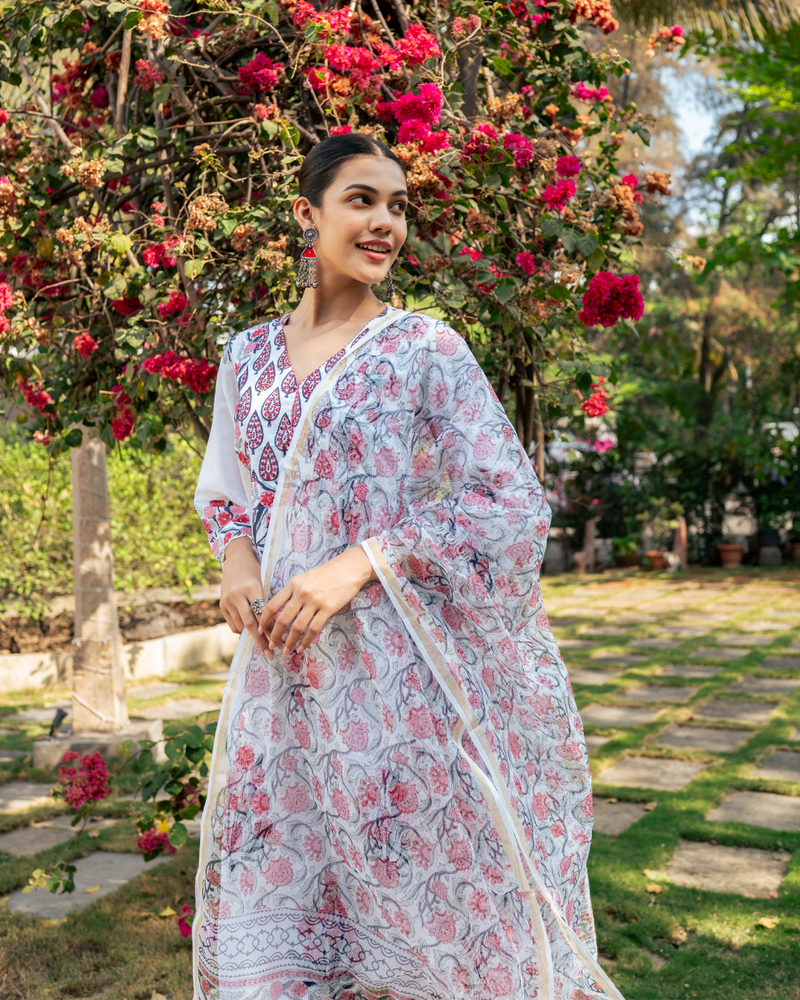 Ivory and Pink Hand Block Printed Kurta Set mul Buy Ivory and Pink Hand Block Printed Kurta Set from C&W | Kurta/Kurta Sets for Women by Maison Shefali in multi color for women in Singapore