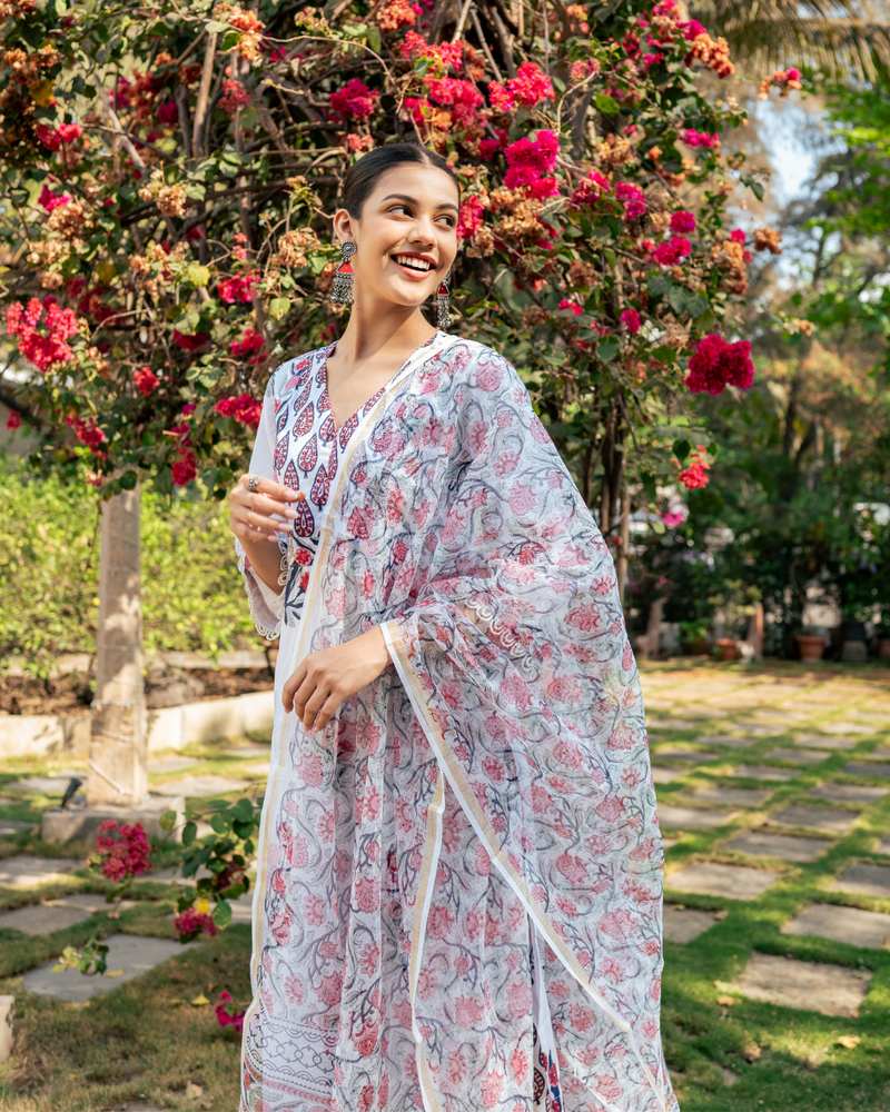 Ivory and Pink Hand Block Printed Kurta Set mul Buy Ivory and Pink Hand Block Printed Kurta Set from C&W | Kurta/Kurta Sets for Women by Maison Shefali in multi color for women in Singapore