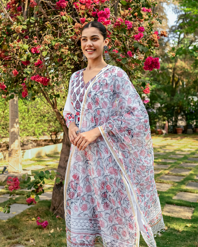 Ivory and Pink Hand Block Printed Kurta Set mul Buy Ivory and Pink Hand Block Printed Kurta Set from C&W | Kurta/Kurta Sets for Women by Maison Shefali in multi color for women in Singapore