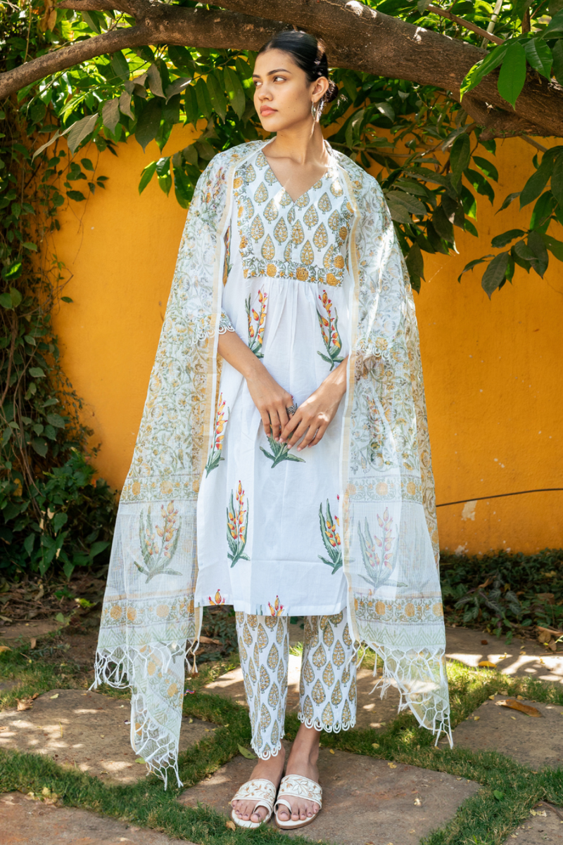 Ivory and Yellow Hand Block Printed Kurta Set mul Buy Ivory and Yellow Hand Block Printed Kurta Set from C&W | Kurta/Kurta Sets for Women by Maison Shefali in multi color for women in Singapore