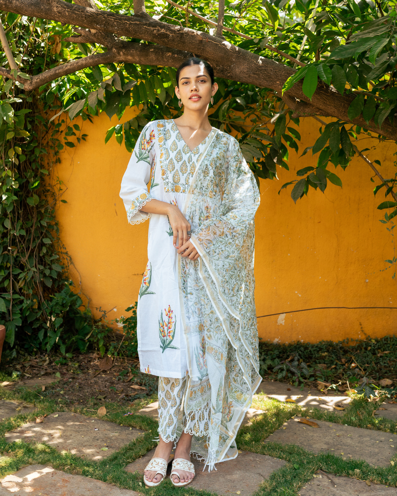 Ivory and Yellow Hand Block Printed Kurta Set mul Buy Ivory and Yellow Hand Block Printed Kurta Set from C&W | Kurta/Kurta Sets for Women by Maison Shefali in multi color for women in Singapore