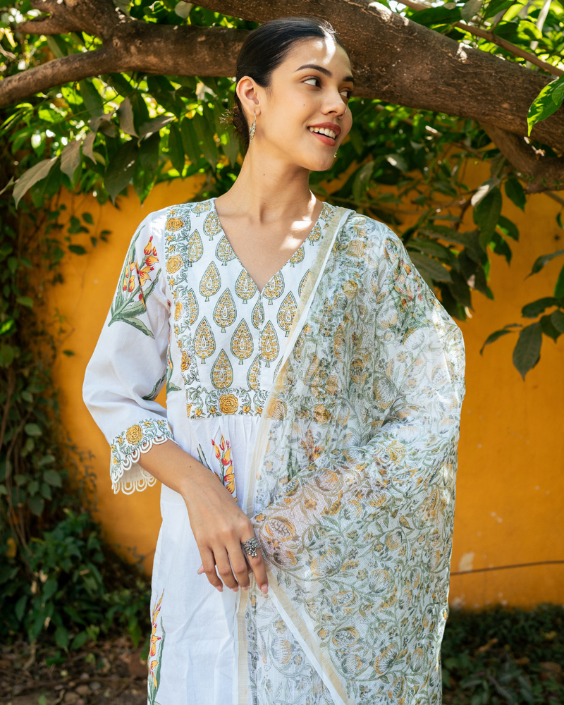 Ivory and Yellow Hand Block Printed Kurta Set mul Buy Ivory and Yellow Hand Block Printed Kurta Set from C&W | Kurta/Kurta Sets for Women by Maison Shefali in multi color for women in Singapore