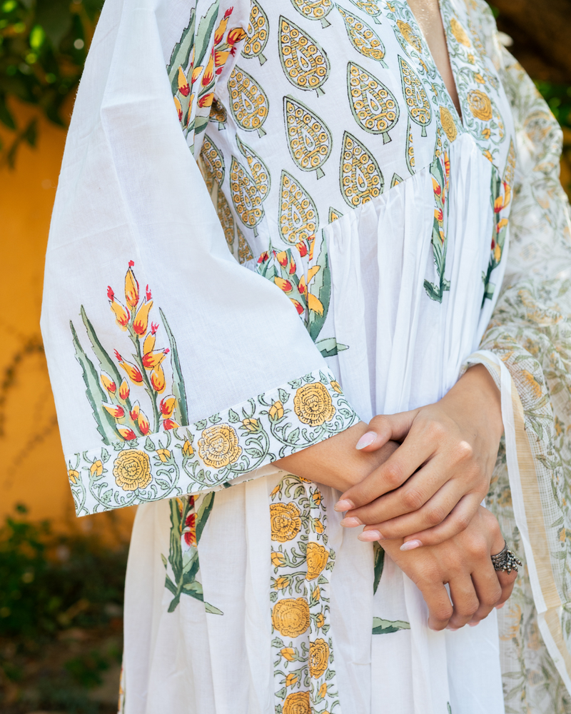 Ivory and Yellow Hand Block Printed Suit Set mul Buy Ivory and Yellow Hand Block Printed Suit Set from C&W | Kurta/Kurta Sets for Women by Maison Shefali in multi color for women in Singapore
