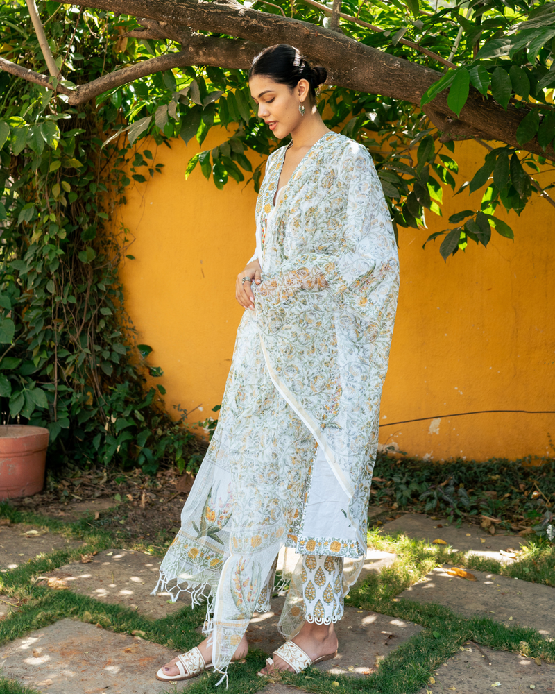 Ivory and Yellow Hand Block Printed Suit Set mul Buy Ivory and Yellow Hand Block Printed Suit Set from C&W | Kurta/Kurta Sets for Women by Maison Shefali in multi color for women in Singapore