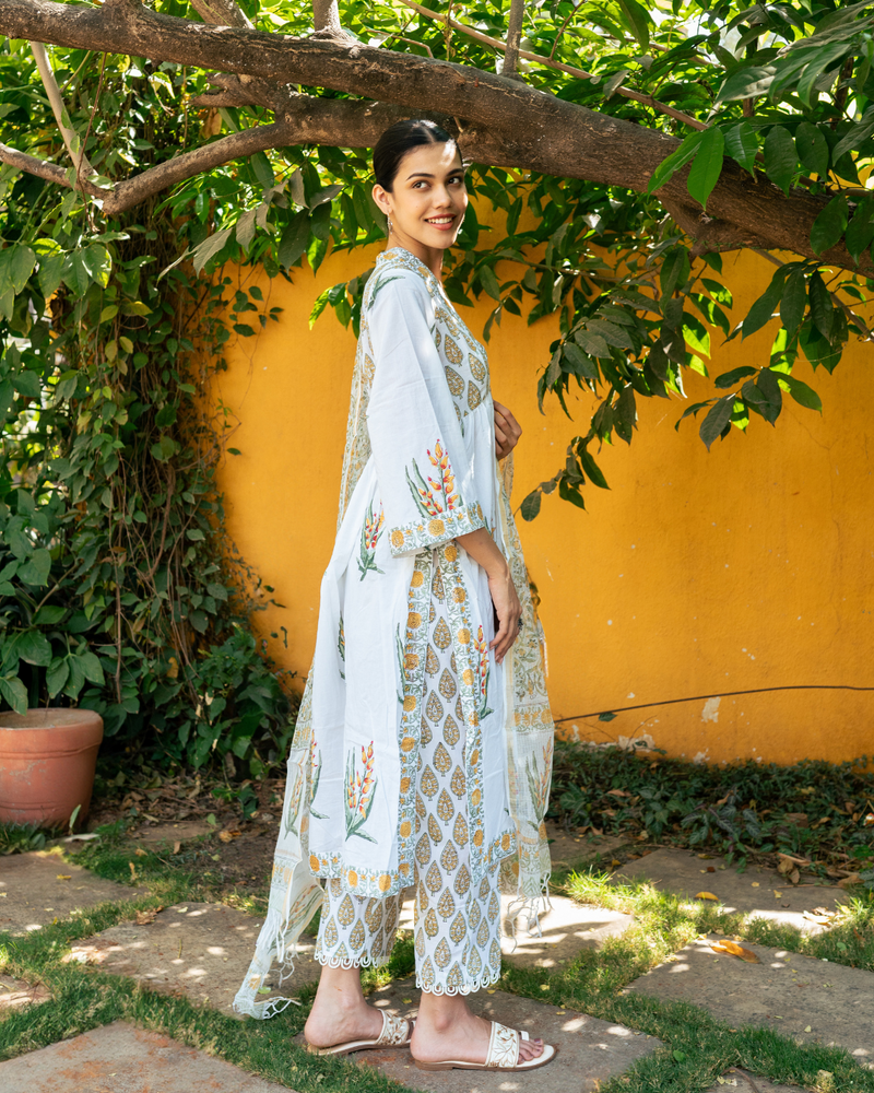 Ivory and Yellow Hand Block Printed Suit Set mul Buy Ivory and Yellow Hand Block Printed Suit Set from C&W | Kurta/Kurta Sets for Women by Maison Shefali in multi color for women in Singapore